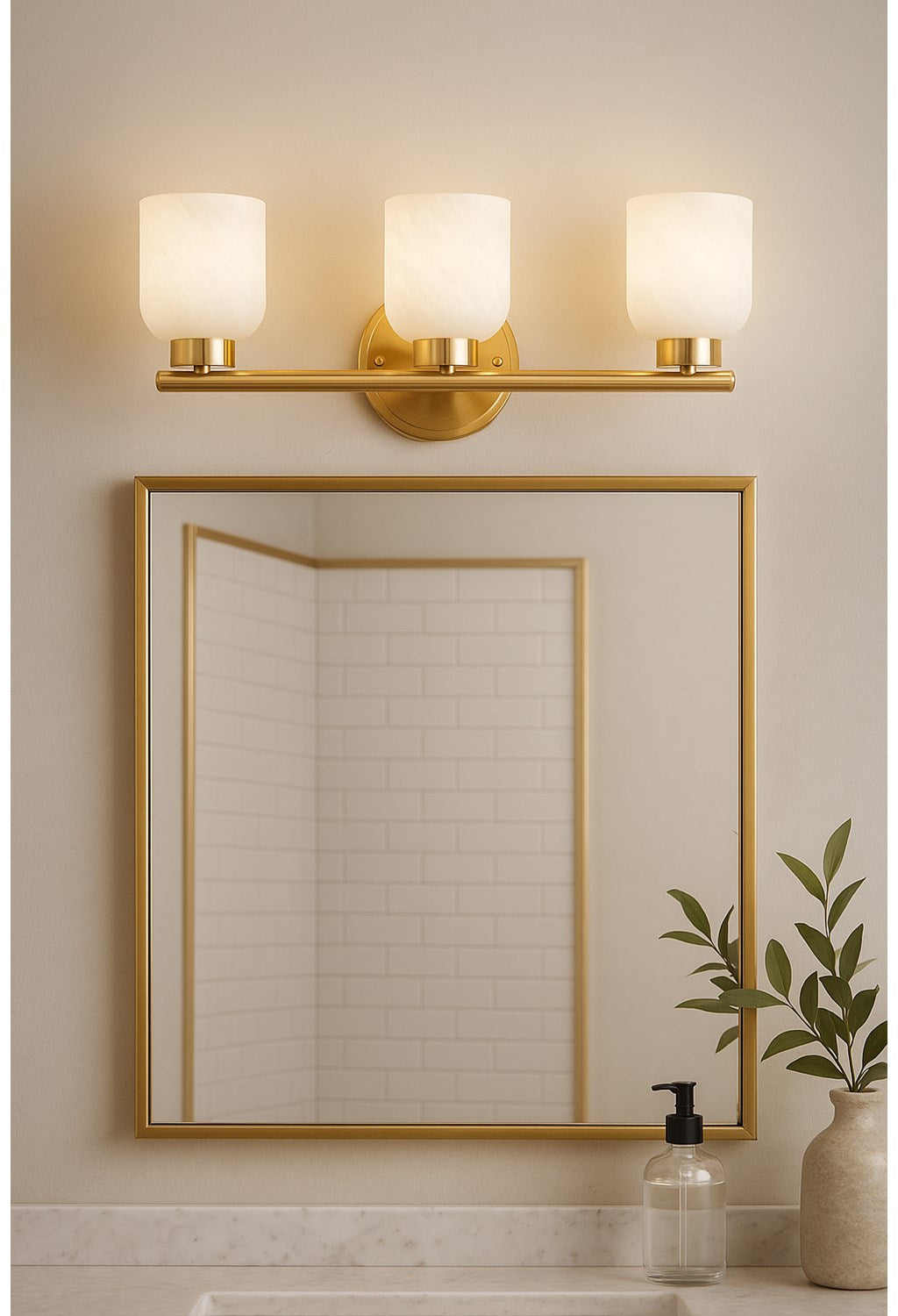 3 Light Vanity, Aged Brass W/ Faux Alabaster