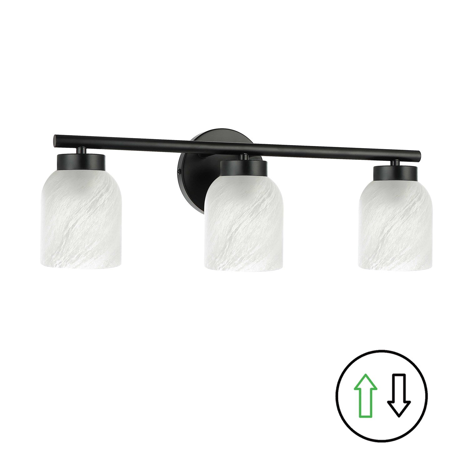 3 Light Vanity, Matte Black W/ Faux Alabaster by Dainolite