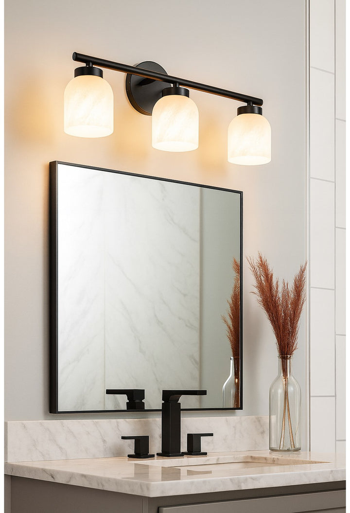 3 Light Vanity, Matte Black W/ Faux Alabaster