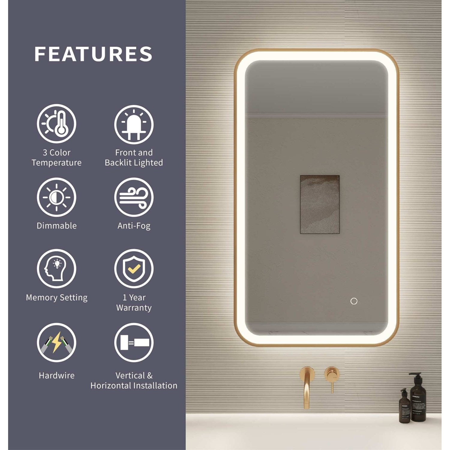 36 Inch Rectangle Led Front And Backlit Wall Mirror In Satin Gold
