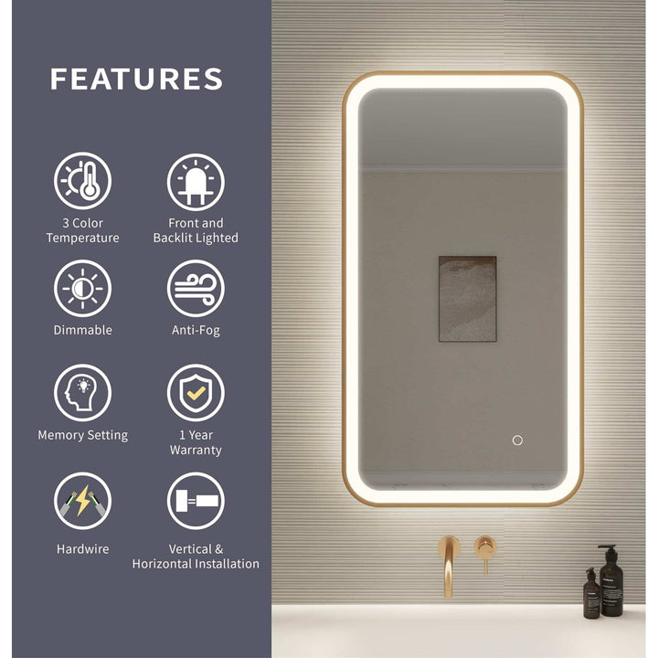 36 Inch Rectangle Led Front And Backlit Wall Mirror In Satin Gold
