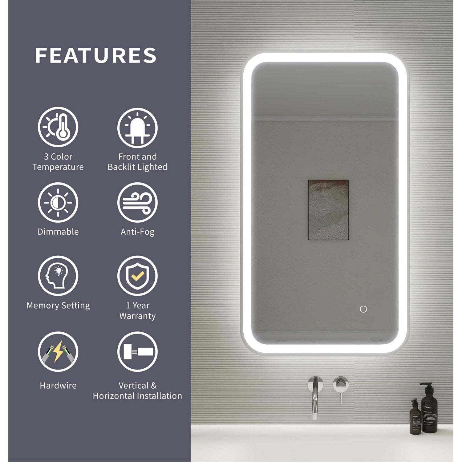 36 Inch Rectangle Led Front And Backlit Wall Mirror In Silver