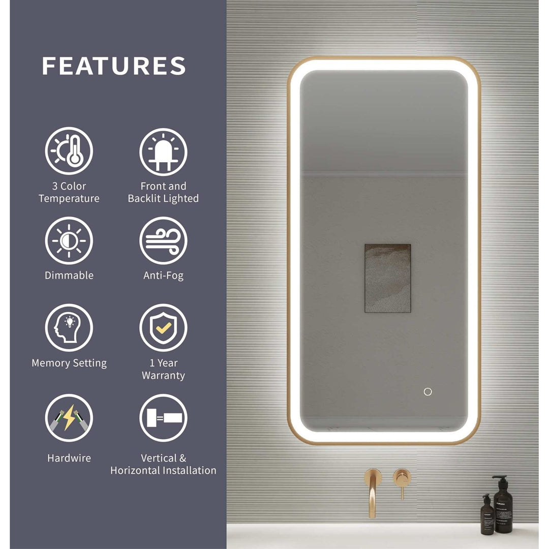 40 Inch Rectangle Led Front And Backlit Wall Mirror In Satin Gold