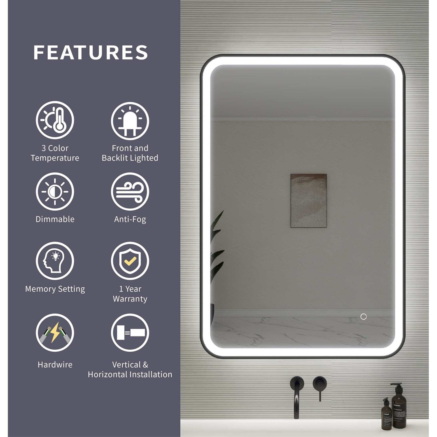 40 Inch Rectangle Led Front And Backlit Wall Mirror In Black