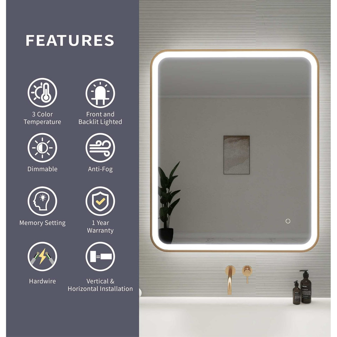 36 Inch Rectangle Led Front And Backlit Wall Mirror In Satin Gold
