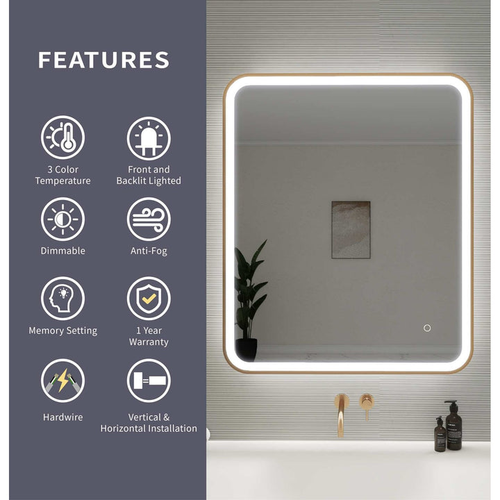 36 Inch Rectangle Led Front And Backlit Wall Mirror In Satin Gold