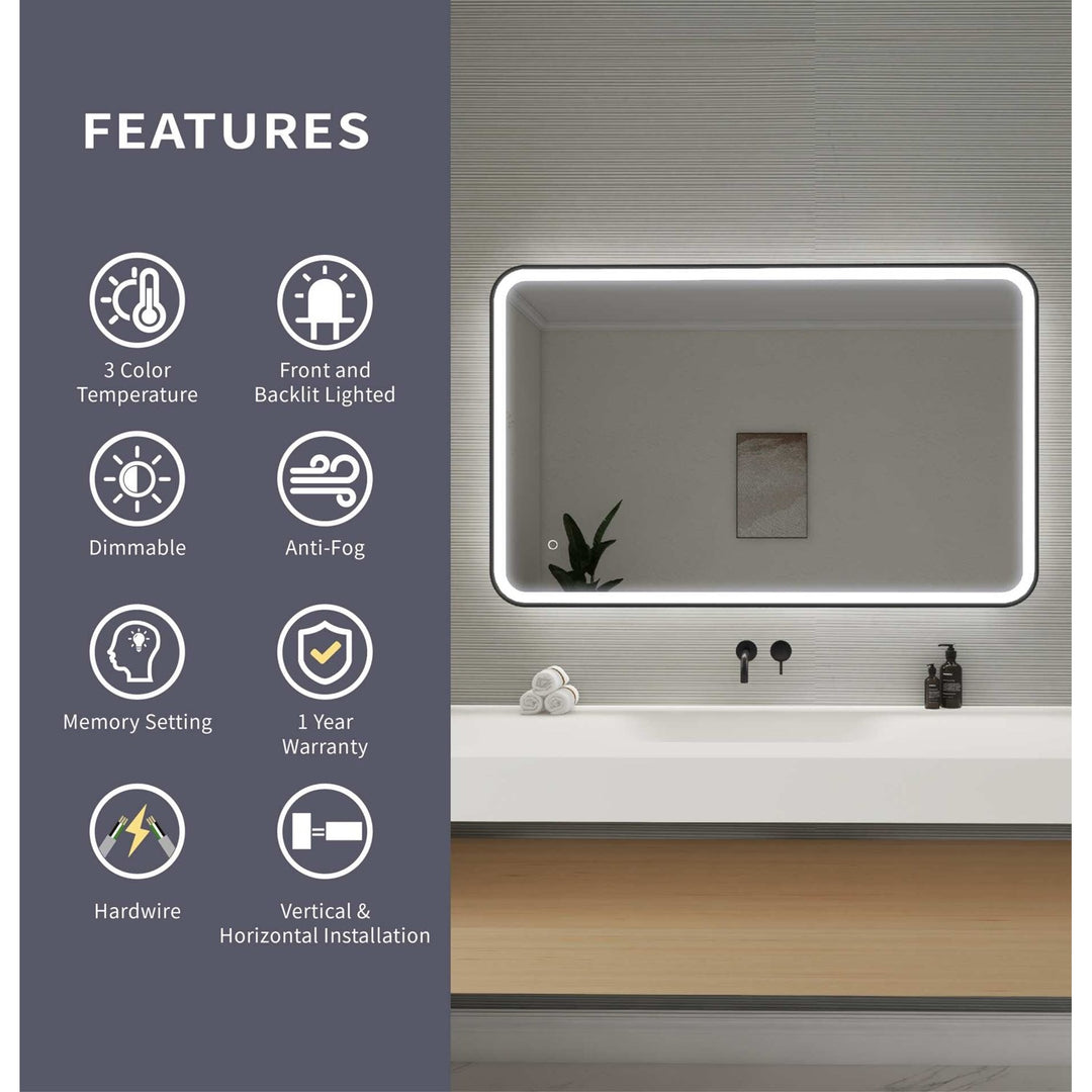 48 Inch Rectangle Led Front And Backlit Wall Mirror In Black
