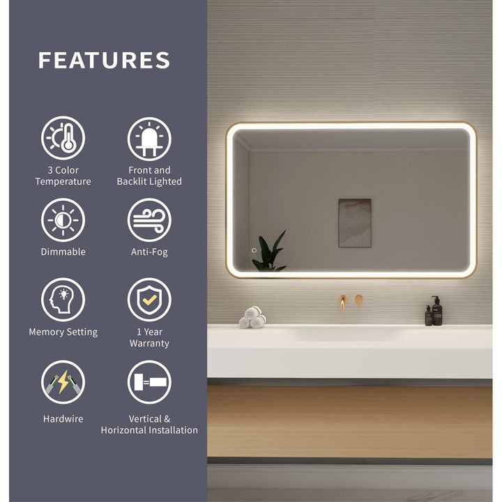 48 Inch Rectangle Led Front And Backlit Wall Mirror In Satin Gold