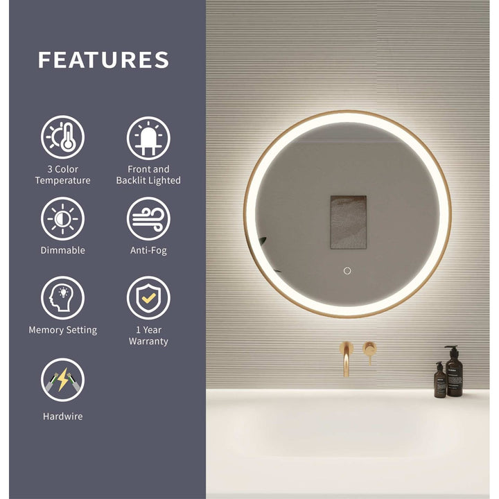 24 Round Led Front And Backlit Wall Mirror In Satin Gold