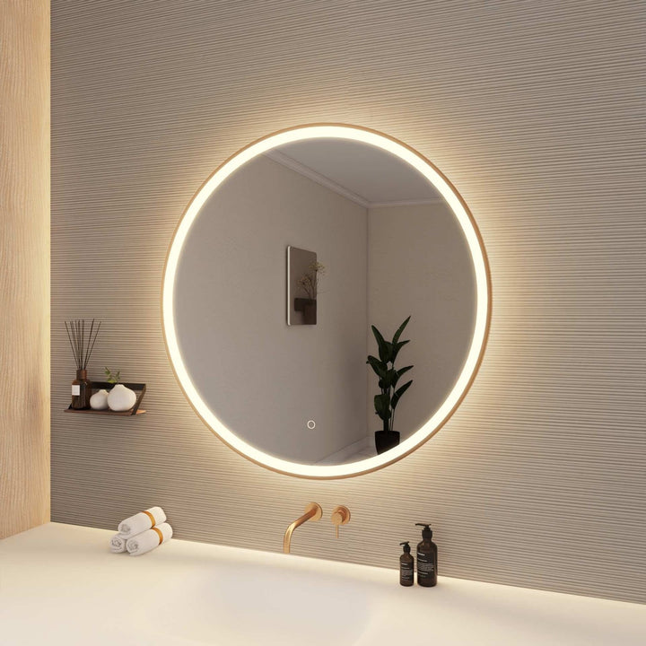36 Round Led Front And Backlit Wall Mirror In Satin Gold
