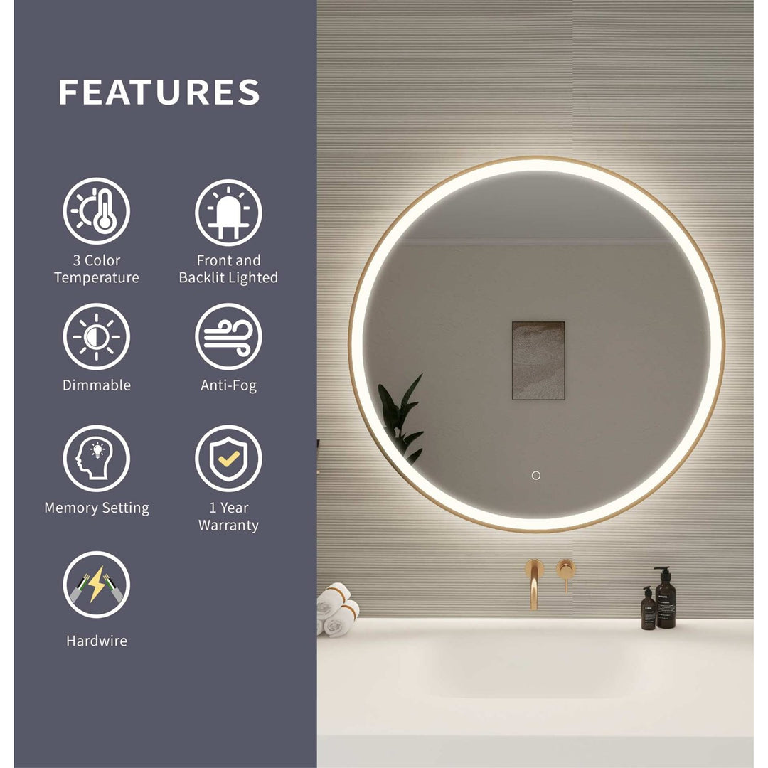 36 Round Led Front And Backlit Wall Mirror In Satin Gold