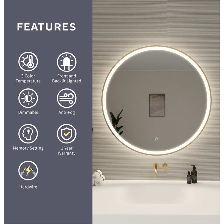 36 Round Led Front And Backlit Wall Mirror In Satin Gold
