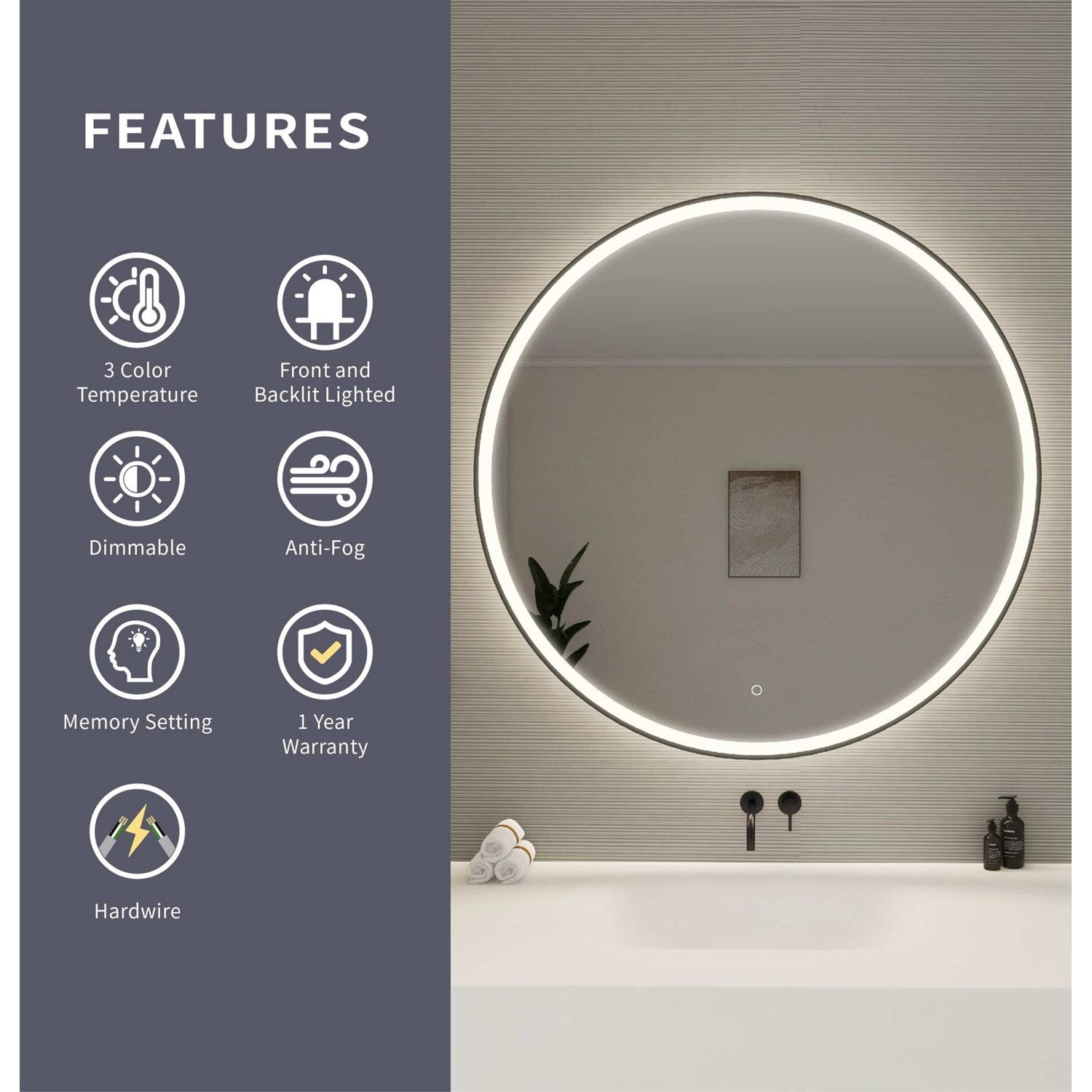 45 Round Led Front And Backlit Wall Mirror In Black