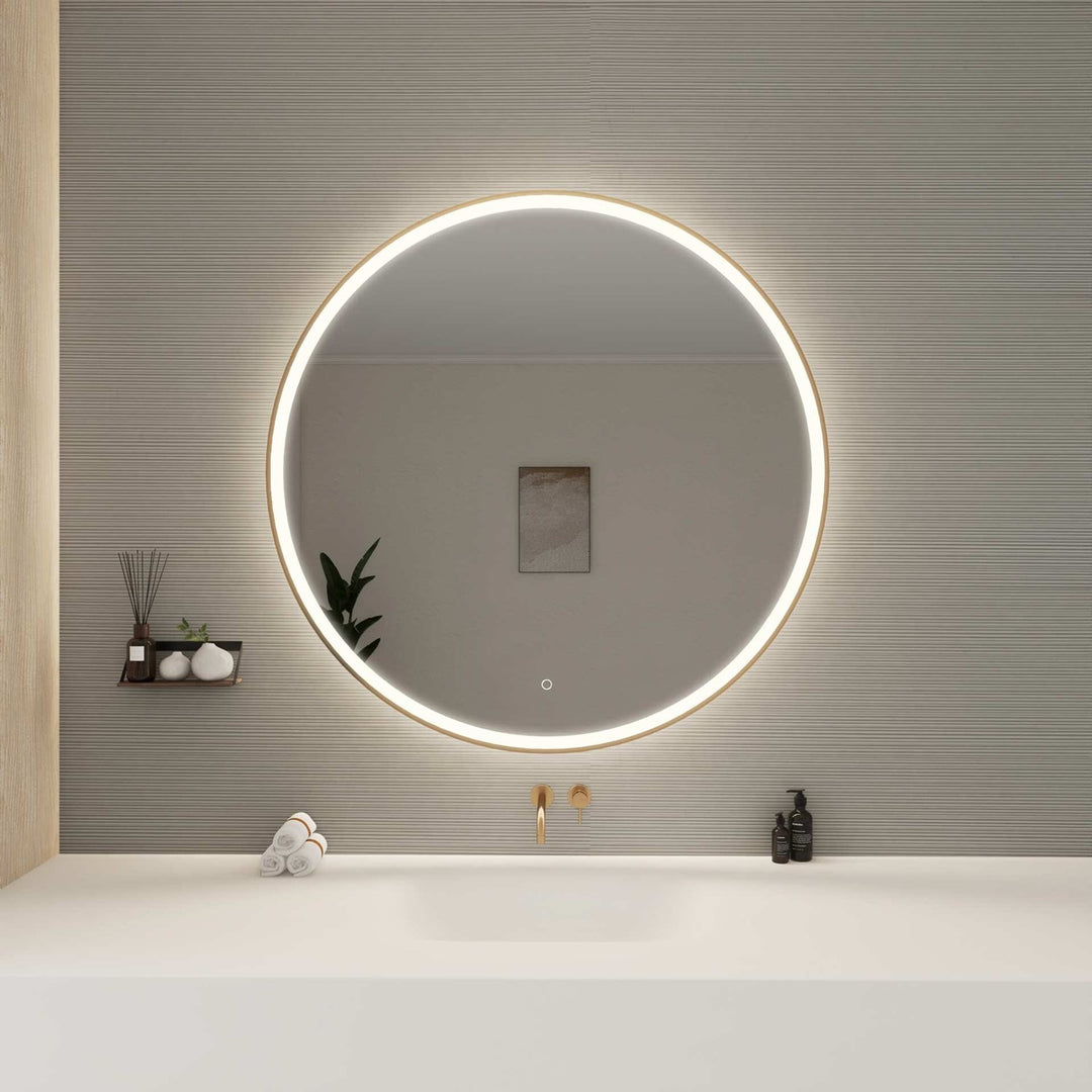 45 Round Led Front And Backlit Wall Mirror In Satin Gold