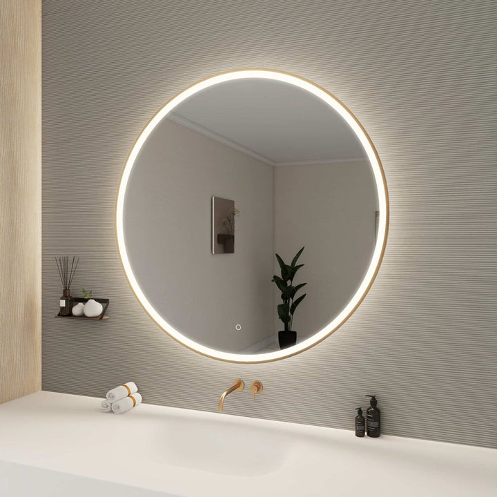 45 Round Led Front And Backlit Wall Mirror In Satin Gold