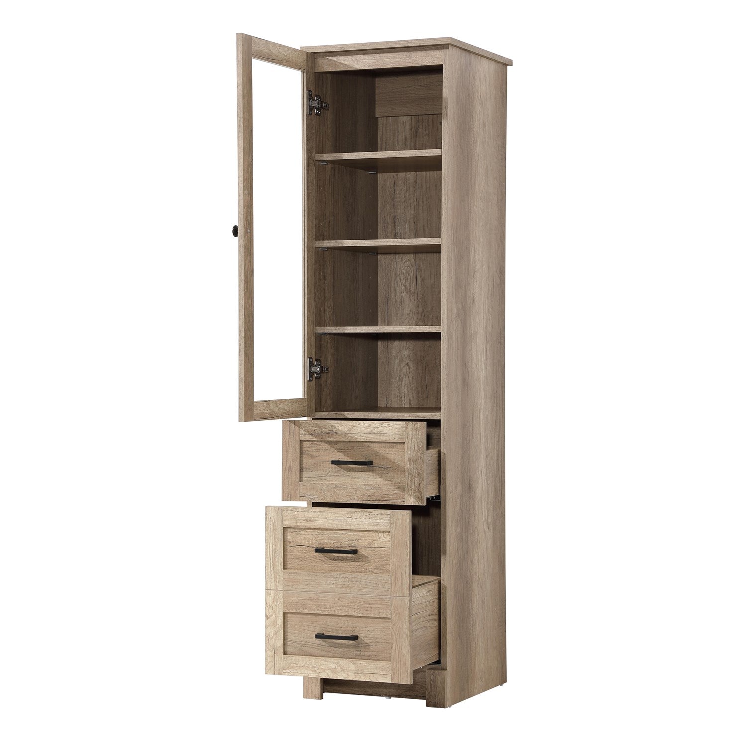 16 Inch Bath Storage Glass Cabinet In Natural Oak