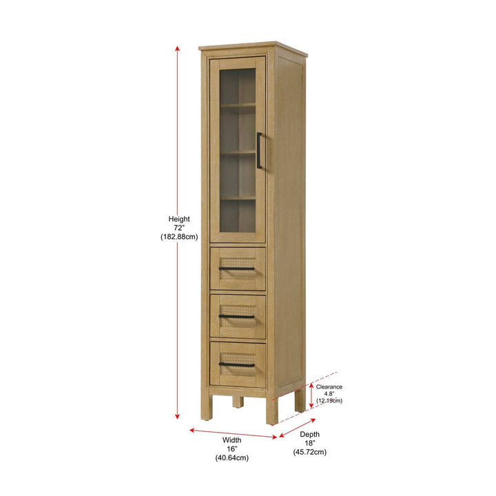 16 Inch Bath Storage Glass Cabinet In Linen Oak